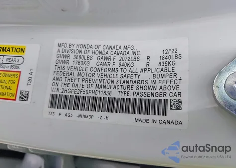 2023 Honda Civic Sport z USA, uszkodzony, nr VIN 2HGFE2F50PH511838